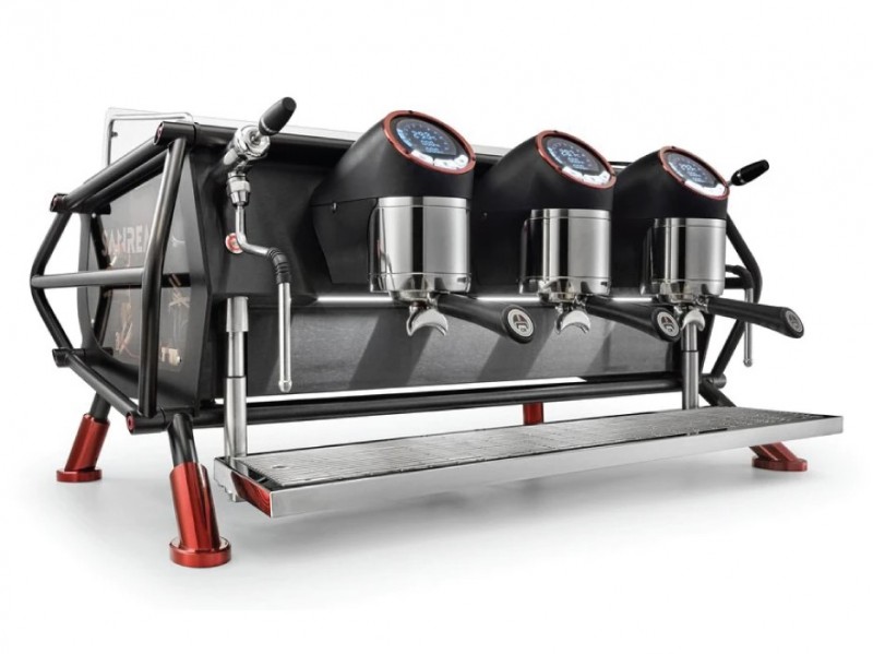 Front-side image of the Sanremo Cafe Racer three group espresso machine, in the customization color 'naked,' with volumetric dosing and precision capabilities.